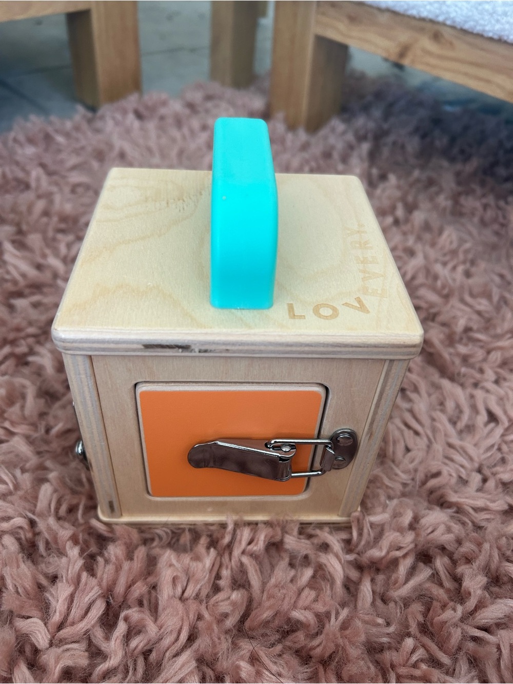 Lovevery Wooden Lock Box with Teal Handle and Orange Door -